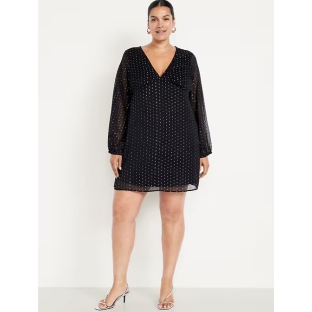 Old Navy Womens XL Tall Black Silver Metallic Swiss Dot V-Neck Mini Dress NWT‎